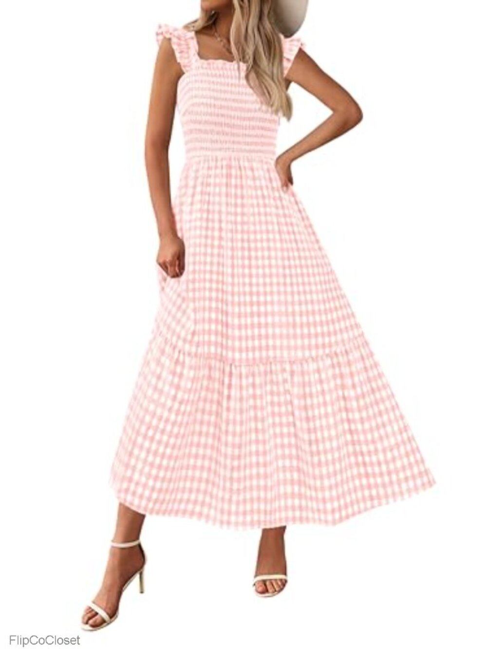 Ruffle Strap Gingham Midi Sundress Viscose Lyocell Casual A-Line Sleeveless